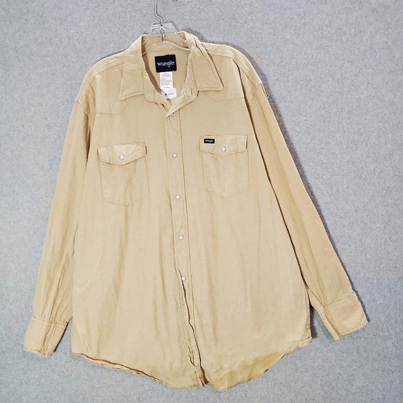 Wrangler Men Button Up Shirt 2XT Beige Cowboy Cut Western Snap Work Long Sleeve - Picture 1 of 8